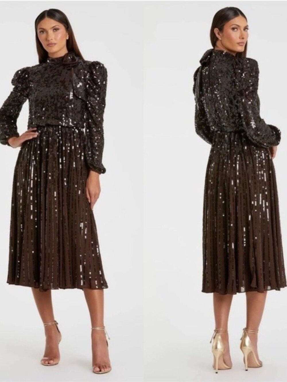 Mac Duggal Size 12 Brown 93642 Long Sleeve Sequin Tea Length Midi Cocktail Dress